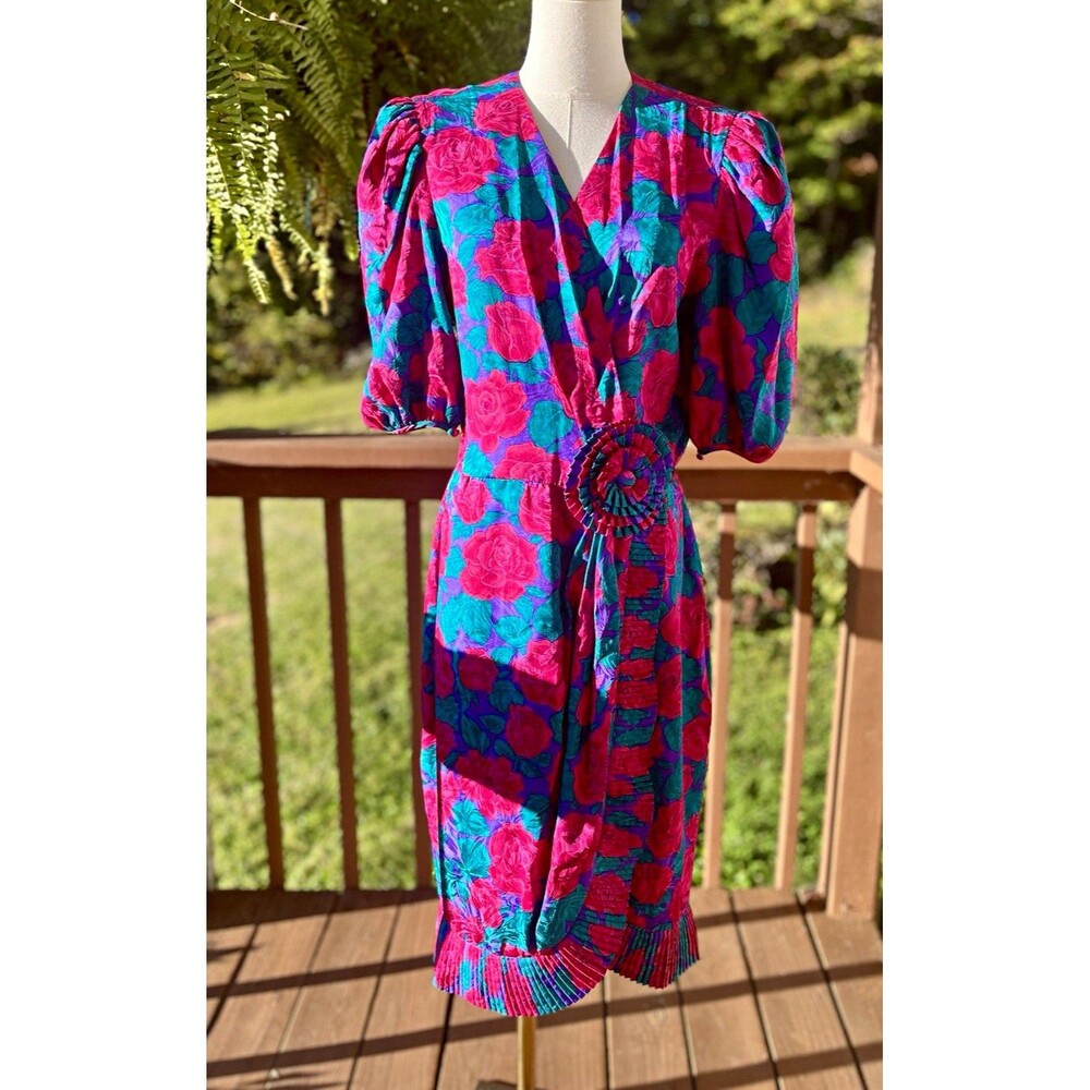 Adrianna Papell 100% Silk Floral V-Neck Puff Sleeve Fit & Flare Dress 10